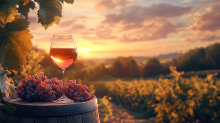 A serene sunset over a lush vineyard with a glass of rose wine, grapes, and a wooden barrel, evoking a sense of relaxation and elegance.の素材