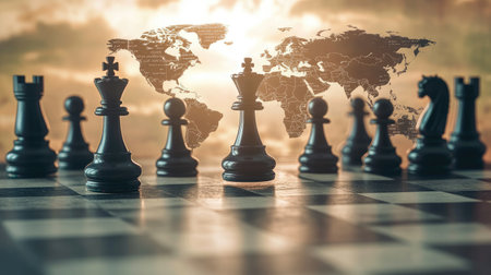 Chess pieces arranged on a chessboard over a world map, representing strategic competition in global business.の素材