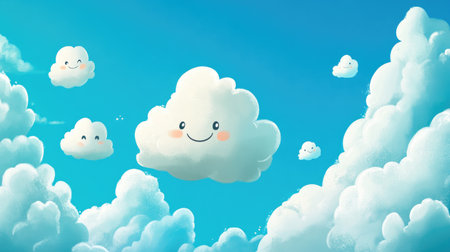 Cheerful, cute cartoon clouds are scattered across a vibrant blue sky, creating a fun and uplifting visual.の素材