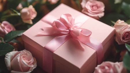 A romantic pink gift box with a ribbon and fresh roses inside, capturing the perfect balance of elegance and affection.の素材