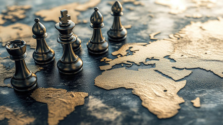 Chess pieces on a board that overlays a world map, symbolizing corporate competition and strategic planning across borders.の素材