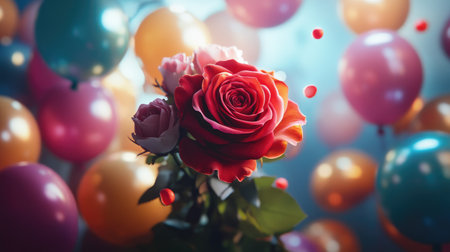 A vibrant rose bouquet surrounded by floating balloons, perfect for a celebration or romantic gesture in a joyful sceneの素材