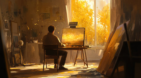 A tranquil moment of an artist at work, set against a backdrop of golden light, emphasizing creativity and artistic expression.の素材
