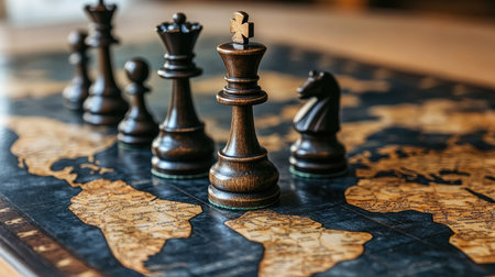 Chess pieces on a board that overlays a world map, symbolizing corporate competition and strategic planning across borders.の素材