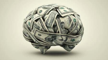 Illustration of a brain wrapped in dollar bills, symbolizing the power of using intelligence and strategy to generate wealthの素材