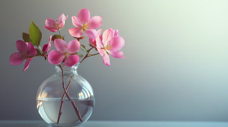 Delicate pink flowers bloom vibrantly in a glass vase, capturing the essence of nature beauty and freshnessの素材