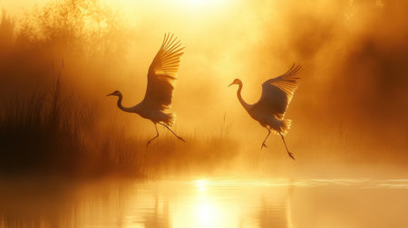 Cranes in a tranquil wetland at dawn, performing a graceful dance, with mist adding to the ethereal beauty of the scene.の素材