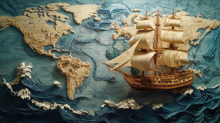 Intricate paper art depicting a pirate journey around the world, with detailed waves, ships, and maps bringing the adventure to life.の素材