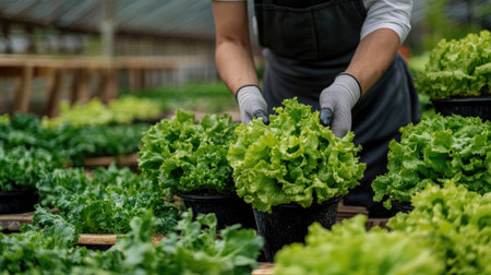 Greenhouse scene with workers in overalls carefully handling pots of vibrant lettuce and green salad, highlighting clean, organic vegetable cultivationの素材