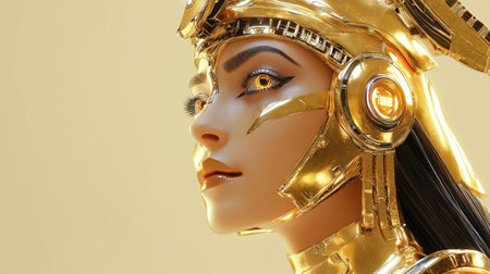 Robotic Cleopatra adorned in golden Egyptian jewelry, a stunning fusion of historical elegance and futuristic design.の素材