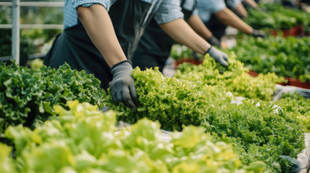 Energetic greenhouse environment with workers in overalls managing pots of green salad and lettuce, emphasizing the importance of organic farming and freshnessの素材