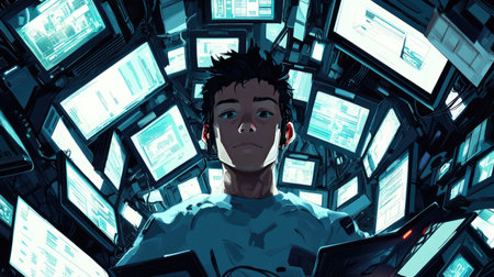 Tech-focused portrait with a person encircled by monitors, tablets, and devices, representing the modern tech environment.の素材