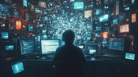 Portrait of a person in a room filled with computers and technology, symbolizing the digital age and the world of tech.の素材