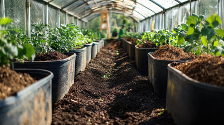 Greenhouse environment with compost bins converting organic waste into valuable soil amendments, demonstrating sustainable practices and agricultural benefitsの素材