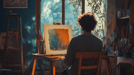 The serene scene of an artist working under soft golden light, their focus on the artwork, surrounded by a creative atmosphereの素材