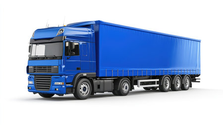 A sleek blue cargo truck isolated against a white background, perfect for commercial use, showcasing industrial logistics and transportation.の素材