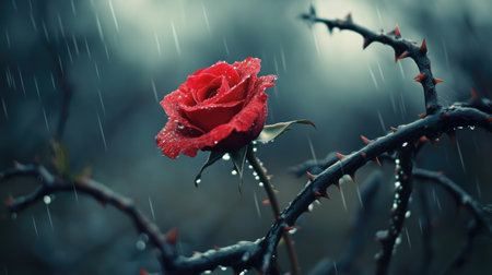 A solitary red rose, dripping with rain, surrounded by harsh thorny branches, representing beauty in a hostile environmentの素材