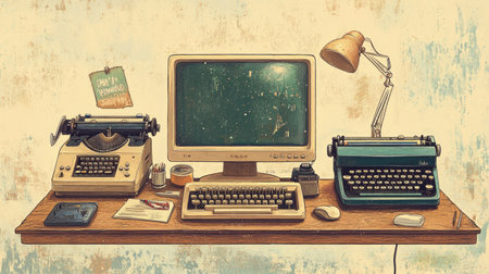Vintage illustration of a desk with an old computer, typewriter, and telephone, showcasing the evolution of technologyの素材