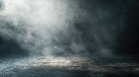 Abstract smoky scene in a moody, low-light studio environment with a gritty concrete floor, perfect for atmospheric shotsの素材