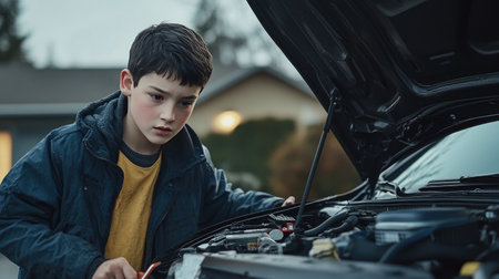 A teenage boy opens the hood of a car in a driveway, looking at the engine with determination, with a few tools scattered nearby.の素材