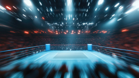 A blurred crowd fills the arena as stadium lights shine down on the boxing ring, capturing the AI-generated energy of the event.の素材