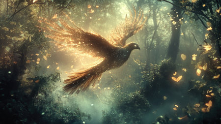 A mythical bird with sparkling feathers and a beautiful voice soars through an enchanted forest, surrounded by soft light and mystical fog.の素材