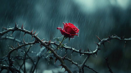 A lone red rose blooms amidst a tangled web of thorns, rain pouring down, symbolizing beauty and defiance in nature.の素材