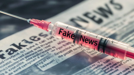 A syringe marked "Fake News" being injected into a news article, representing the harmful spread of misinformation in society.の素材