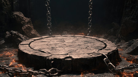 A stone circle platform with metal chains, set in a dark, infernal arena, perfect for a fantasy battle challenge.の素材