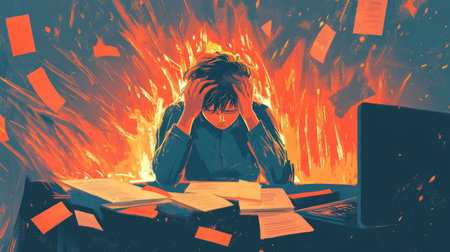 A young professional overwhelmed by work pressure, head in hands, papers scattered, and a computer screen glowing, illustrating burnoutの素材