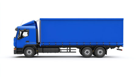 Blue cargo truck isolated, positioned on a white background, emphasizing transport solutions for shipping, delivery, and industrial useの素材
