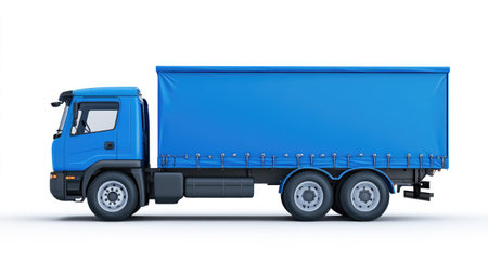 Blue cargo truck isolated, positioned on a white background, emphasizing transport solutions for shipping, delivery, and industrial useの素材