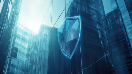 Futuristic glass building featuring a shield symbol, representing security in the era of IoT and advanced digital technology.の素材