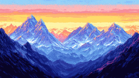 Endless pixel art mountains stretching into the distance, creating a seamless retro gaming backdrop with bold colors.の素材