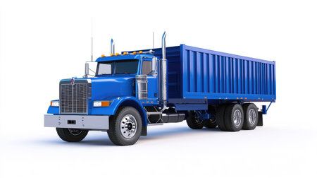 Blue cargo truck isolated, positioned on a white background, emphasizing transport solutions for shipping, delivery, and industrial useの素材