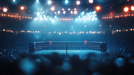 Focus on the boxing ring as stadium lights beam down, with blurred spectators filling the arena in an AI-generated scene.の素材