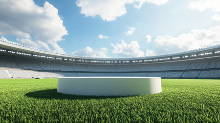 Cylindric podium on a grand football stadium with lush green grass, setting the stage for victory in a world-class arena.の素材