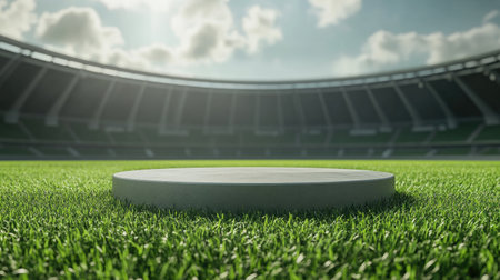 Cylindric podium on a grand football stadium with lush green grass, setting the stage for victory in a world-class arena.の素材