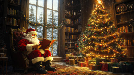 Festive room with Santa Claus reading letters beside a brightly lit Christmas tree, filled with holiday decorations and warmthの素材