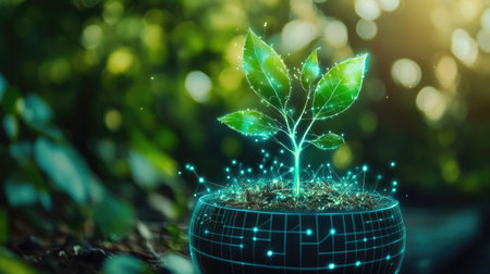 Eco-friendly innovation visualized through a tree sprouting from a digital plant pot, representing sustainable green tech.の素材