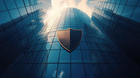 Glass skyscraper with a prominent shield icon, highlighting IoT security, cyber protection, and modern technological safety.の素材