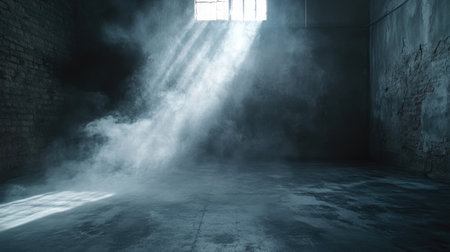 Dark, mysterious room with smoke lingering over a rough concrete floor, ideal for creating a moody, cinematic effect.の素材