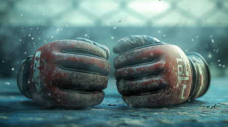 Faded MMA gloves on a mat, with sweat marks and the hazy background of a fighting arena, capturing the intensity of combat.の素材