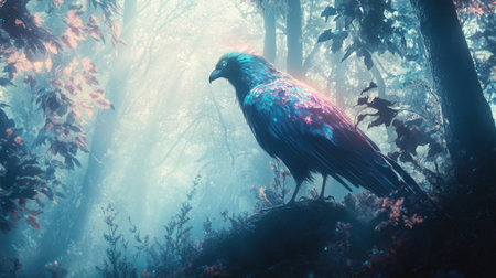 In a misty, enchanted forest, a bird with iridescent feathers and a beautiful voice appears as a mystical creature of legend.の素材