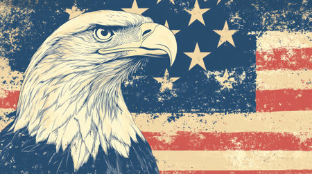 Grunge-style American bald eagle with a backdrop of stars and stripes, capturing the spirit of patriotism and liberty.の素材