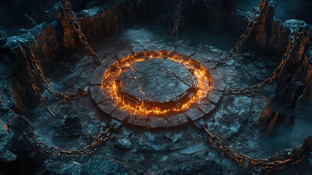 Infernal arena featuring a stone circle platform surrounded by metal chains, evoking a battle game challenge in a dark, fantasy setting.の素材