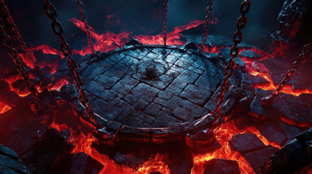 Metal chains and a stone platform dominate the center of an infernal arena, ready for intense fantasy battles and challenges.の素材