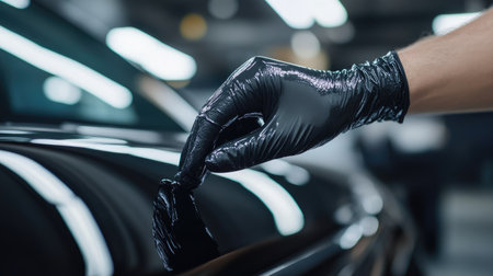 Man in black gloves carefully applying ceramic coating to a car's surface, highlighting the precision and glossy finish.の素材