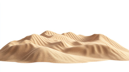 Isolated pile of desert sand dunes on a white background, showcasing the natural texture and shape of the sandy formations.の素材