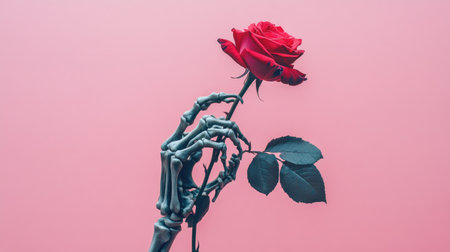 Skeleton hand gently clutching a vivid red rose, pastel pink backdrop highlighting this eerie yet romantic visual.の素材
